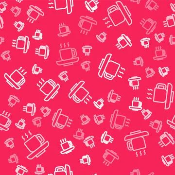 White line Coffee cup icon isolated seamless pattern on red background. Tea cup 스톡 일러스트