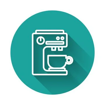 White line Coffee machine icon isolated with long shadow. Green circle button Stock Illustration