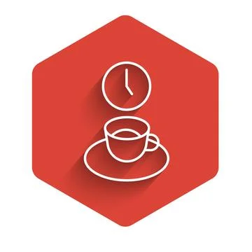 White line Coffee time icon isolated with long shadow. Red hexagon button. Ve 库存插图