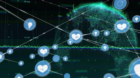 White line coming from upleft starting node growth, heart icons linking across 스톡 동영상 331006018