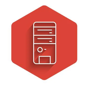 White line Computer icon isolated with long shadow. PC component sign. Red he Stock-Illustration
