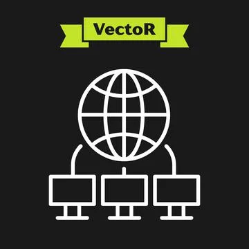 White line Computer network icon isolated on black background. Laptop network Illustrazione stock