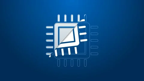 White line Computer processor with microcircuits CPU icon isolated on blue Stock Footage 159292345