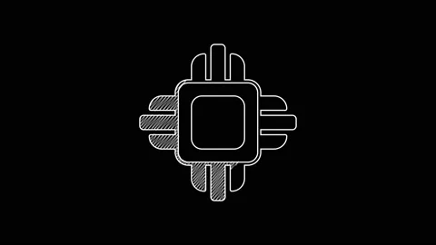 White line Computer processor with microcircuits CPU icon isolated on black Stock Footage 203696336