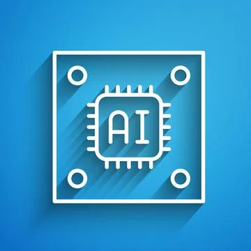 White line Computer processor with microcircuits CPU icon isolated on blue 스톡 일러스트