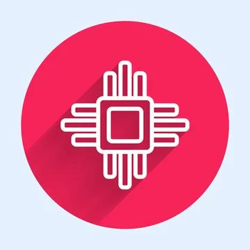 White line Computer processor with microcircuits CPU icon isolated with long Stock Illustration