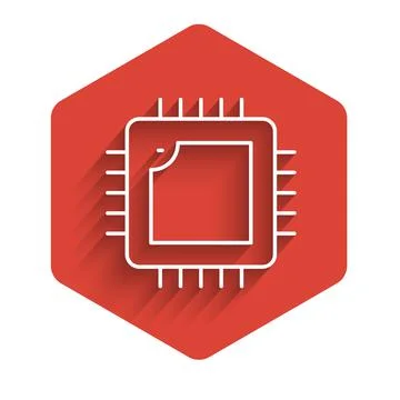 White line Computer processor with microcircuits CPU icon isolated with long 库存插图