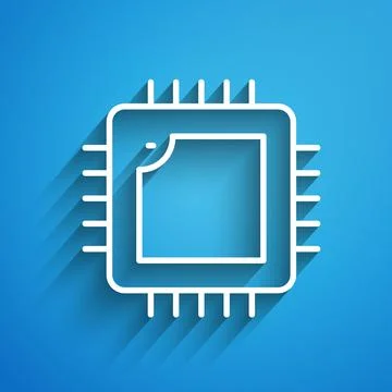 White line Computer processor with microcircuits CPU icon isolated on blue イラスト素材