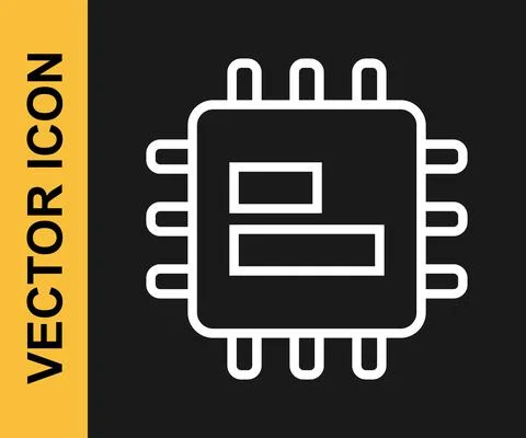 White line Computer processor with microcircuits CPU icon isolated on black Illustrazione stock