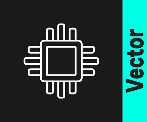 White line Computer processor with microcircuits CPU icon isolated on black Stock Illustration