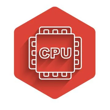 White line Computer processor with microcircuits CPU icon isolated with long Stock Illustration