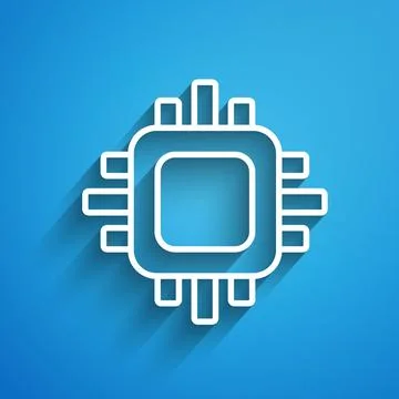 White line Computer processor with microcircuits CPU icon isolated on blue Stock Illustration