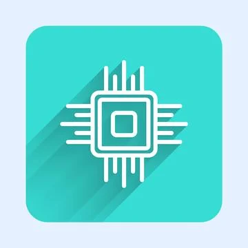 White line Computer processor with microcircuits CPU icon isolated with long Illustrazione stock