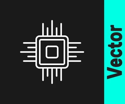 White line Computer processor with microcircuits CPU icon isolated on black b Illustrazione stock