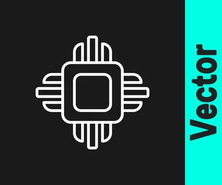 White line Computer processor with microcircuits CPU icon isolated on black Stock Illustration