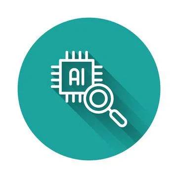 White line Computer processor with microcircuits CPU icon isolated with lon.. Illustrazione stock