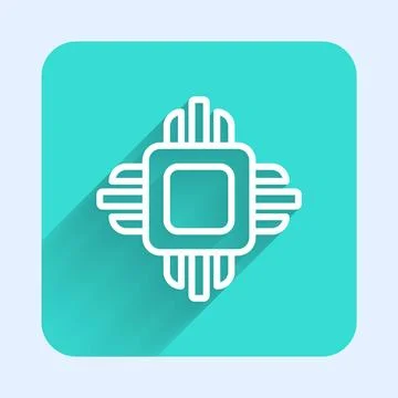 White line Computer processor with microcircuits CPU icon isolated with lon.. Stock Illustration