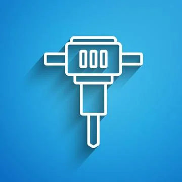 White line Construction jackhammer icon isolated on blue background. Long shadow Stock Illustration