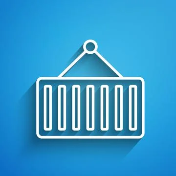 White line Container on crane icon isolated on blue background. Crane lifts a 스톡 일러스트