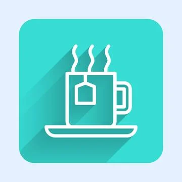 White line Cup of tea with tea bag icon isolated with long shadow. Green squa Stock Illustration