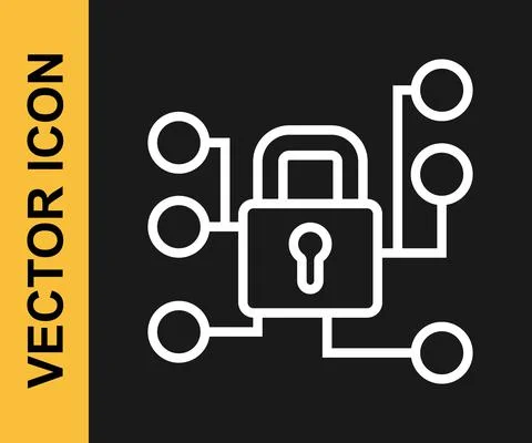White line Cyber security icon isolated on black background. Closed padlock on Stock Illustration