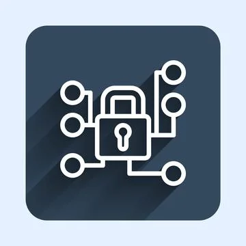 White line Cyber security icon isolated with long shadow background. Closed p Stock Illustration