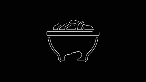 White line Date fruit in bowl icon isolated on black background. 4K Video motion Stock Footage 156373134
