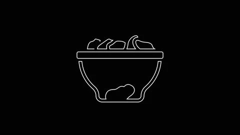 White line Date fruit in bowl icon isolated on black background. 4K Video motion Stock Footage 167601280
