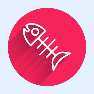 White line Dead fish icon isolated with long shadow. Red circle button. Vector Illustrazione stock