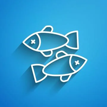 White line Dead fish icon isolated on blue background. Long shadow. Vector Stock Illustration