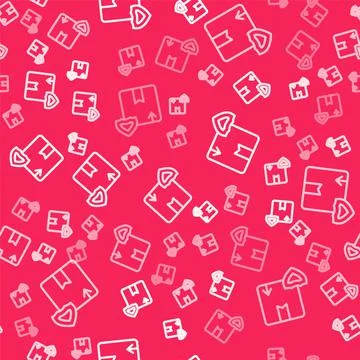 White line Delivery security with shield icon isolated seamless pattern on red Stock Illustration
