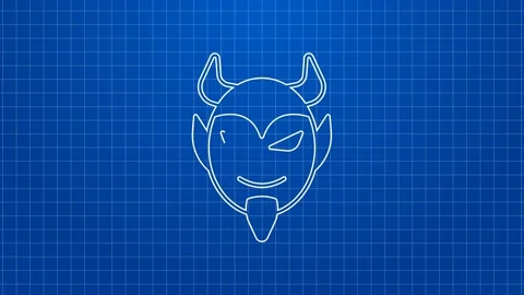 White line Devil head icon isolated on blue background. Happy Halloween party Stock Footage 169313492