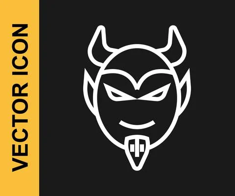 White line Devil head icon isolated on black background. Happy Halloween party Illustrazione stock