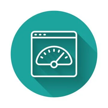 White line Digital speed meter icon isolated with long shadow background. G.. Illustrazione stock