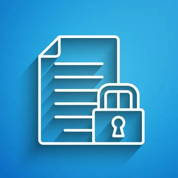 White line Document and lock icon isolated on blue background. File format and Illustrazione stock