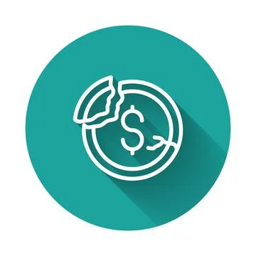 White line Dollar rate decrease icon isolated with long shadow background. Cost Illustrazione stock