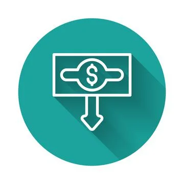 White line Dollar rate decrease icon isolated with long shadow background. Cost Illustrazione stock