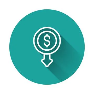 White line Dollar rate decrease icon isolated with long shadow background. Cost Stock Illustration