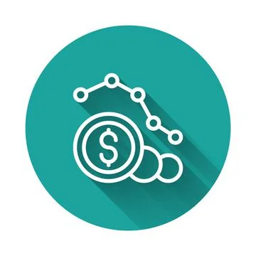 White line Dollar rate decrease icon isolated with long shadow background. Cost Illustrazione stock