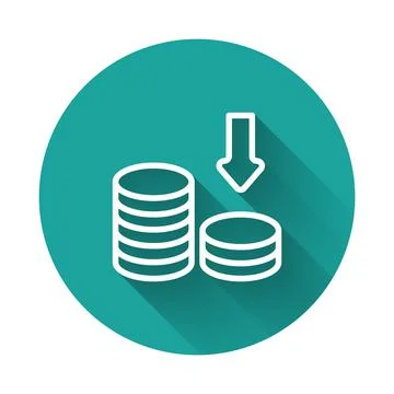 White line Dollar rate decrease icon isolated with long shadow background. Cost Stock Illustration