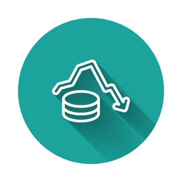 White line Dollar rate decrease icon isolated with long shadow background. Cost 库存插图