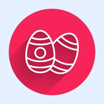White line Easter egg icon isolated with long shadow. Happy Easter. Red circle Stock Illustration