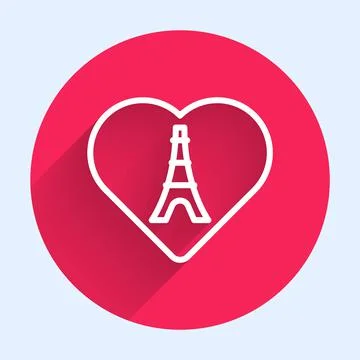 White line Eiffel tower with heart icon isolated with long shadow background Stock-Illustration