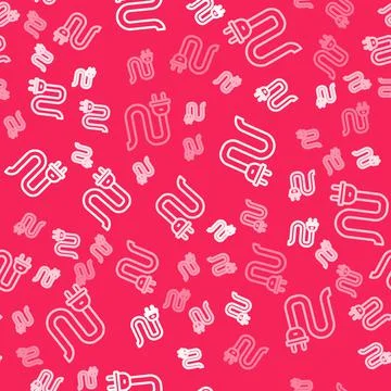 White line Electric plug icon isolated seamless pattern on red background Stock Illustration