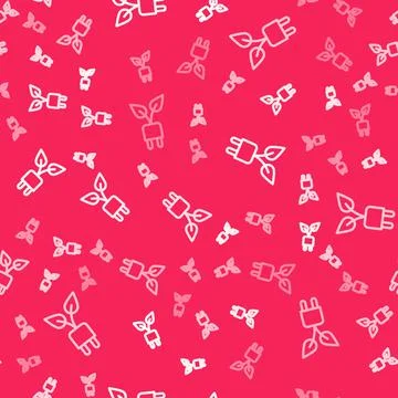 White line Electric saving plug in leaf icon isolated seamless pattern on red Stock Illustration
