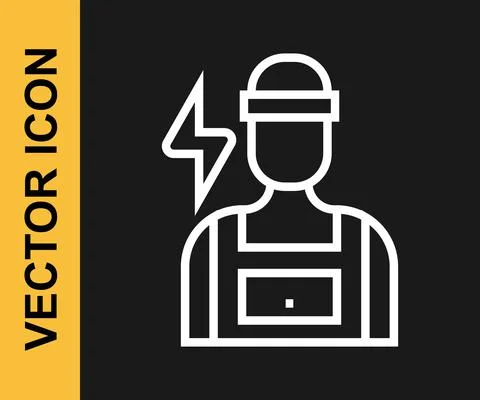White line Electrician technician engineer icon isolated on black background Illustrazione stock