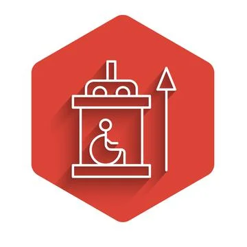White line Elevator for disabled icon isolated with long shadow. Red hexagon Stock Illustration