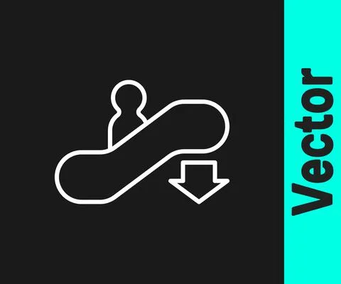 White line Escalator down icon isolated on black background. Vector Stock Illustration