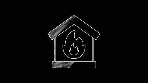 White line Fire in burning house icon isolated on black background. 4K Video Stock Footage 203663639
