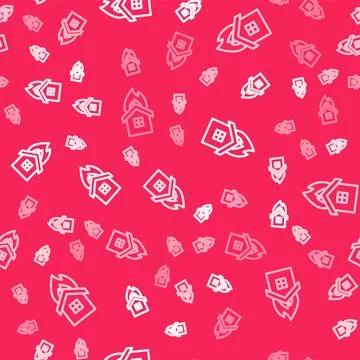 White line Fire in burning house icon isolated seamless pattern on red Illustrazione stock